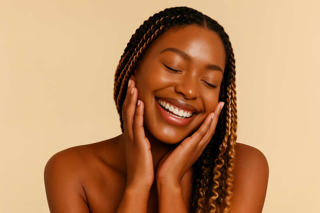 Lächelnde Black Woman mit goldbrauner Haut und schwarz-blonden Boho Braids mit Locken, strahlender Teint, natürlicher Look vor hellem beigefarbenem Studiohintergrund.