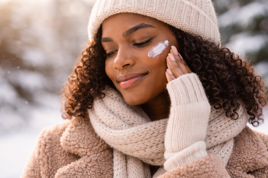 Frau mit dunkler Haut pflegt ihr Gesicht im Winter, trägt Mütze und Schal, trägt Creme auf die Haut auf, Schutz und Pflege für melaninreiche Haut in der kalten Jahreszeit