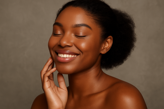 Hübsche Black-Skin Frau mit glatter, strahlender Haut und grauem Hintergrund – Beauty-Porträt für Artikel über Pickelnarben bei dunkler Haut