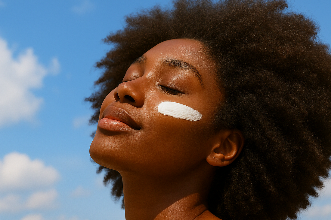 „Junge Black-Skin-Frau mit voluminösem Afro und geschlossenen Augen steht unter blauem Himmel, trägt einen weißen Sonnenschutzstreifen auf der Wange und genießt die Sonne.“