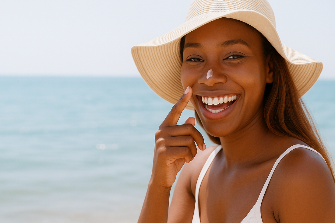 „Lachende Black-Skin-Frau mit langen Braids und hellem Sonnenhut trägt am Strand Sonnencreme auf ihre Nase auf und blickt in die Kamera.“