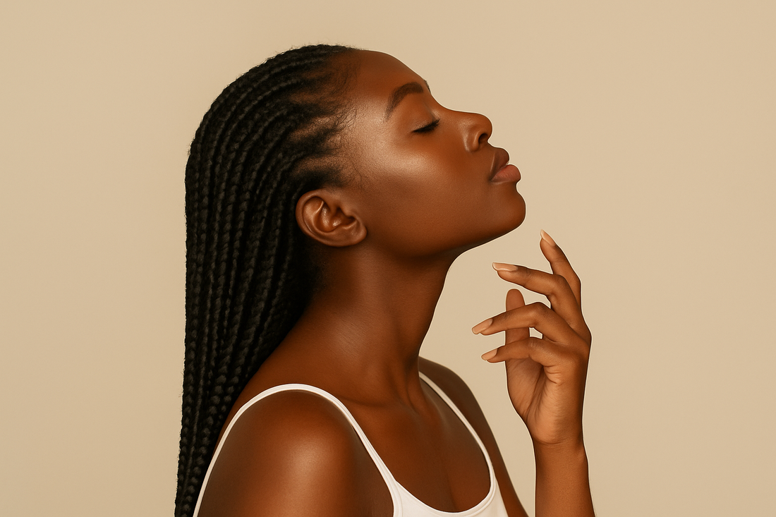 „Schöne Black-Skin-Frau mit langen Braids im Profil, weißem ärmellosen Top und hellem Hintergrund, mit geschlossenen Augen und eleganter Pose.“