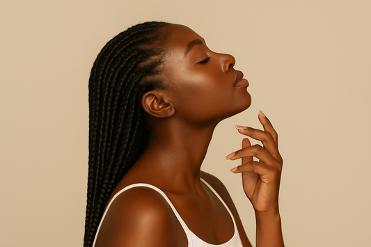 „Schöne Black-Skin-Frau mit langen Braids im Profil, weißem ärmellosen Top und hellem Hintergrund, mit geschlossenen Augen und eleganter Pose.“