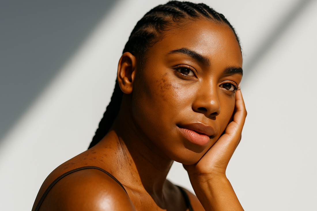 Nahaufnahme einer dunkelhäutigen Frau mit Cornrows, strahlender Haut und ruhiger Pose im warmen Tageslicht vor hellem Hintergrund.