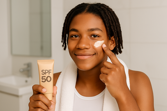 „Dunkelhäutiger Teenager mit kurzen Braids trägt weiße Sonnencreme auf die Wange auf und hält eine SPF-50-Tube in der Hand, während er im modernen Badezimmer lächelt.“