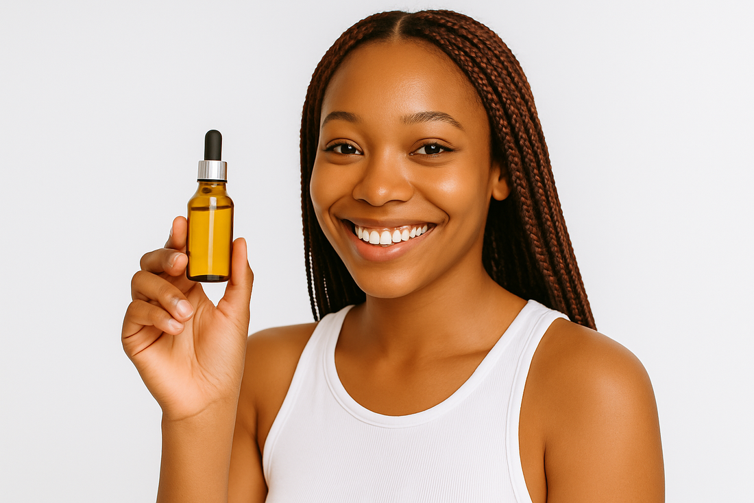 Dunkelhäutige Frau mit langen roten Braids, weißem ärmellosen Oberteil und strahlendem Lächeln hält ein Serumfläschchen vor weißem Hintergrund.