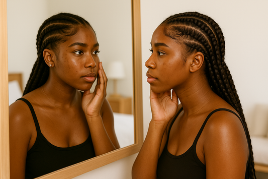 Dunkelhäutige Frau mit langen Cornrows betrachtet sich im Spiegel und berührt sanft ihr Gesicht; leichter Melasma sichtbar, helles ordentliches Schlafzimmer im Hintergrund.