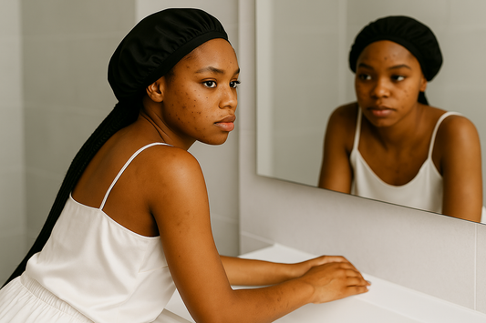 Dunkelhäutige Frau mit schwarzer Schlafhaube betrachtet sich morgens im Badezimmer im Spiegel; trägt weißes ärmelloses Seidenoberteil und weiße Shorts, helles Bad mit weißen und grauen Flächen, leichte bis mittelstarke Pigmentflecken im Gesicht.