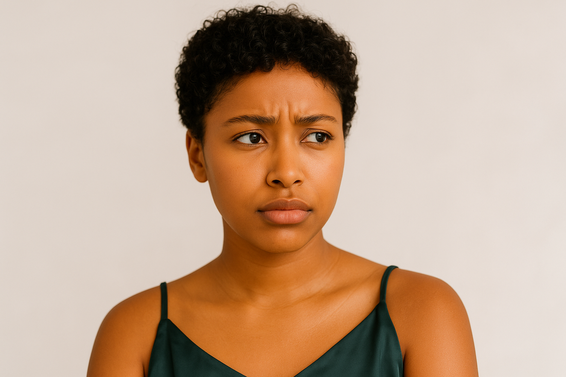 Nachdenkliche Black Woman mit goldbrauner Haut und kurzen braunen Powerlocken trägt ein dunkelgrünes Seidenoberteil und steht vor hellem Fotostudio-Hintergrund.