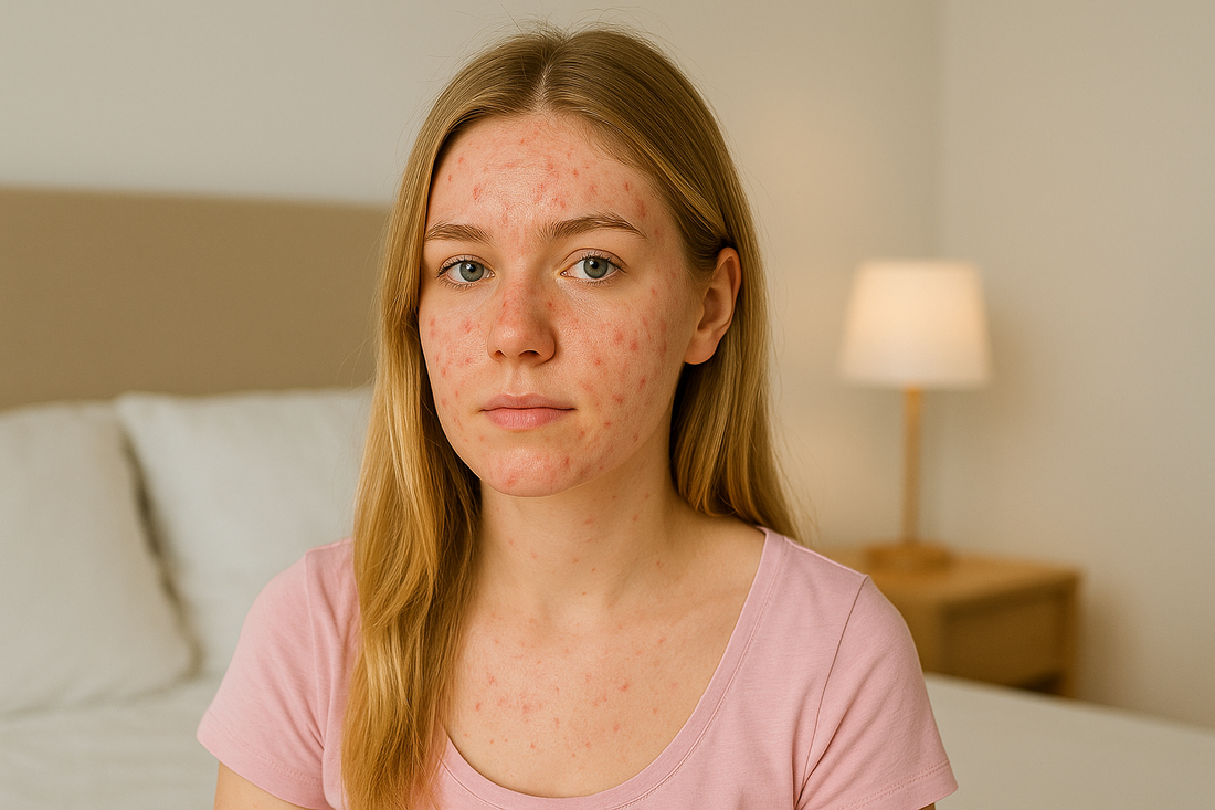 Hübsche blonde Frau mit sichtbarer Akne im Gesicht und auf dem Dekolleté, sitzend im hellen Schlafzimmer, rosa Oberteil