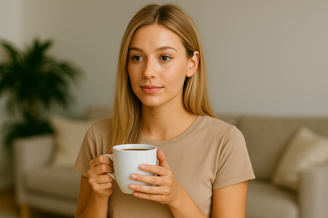 Blonde Frau steht in einer hellen Küche und hält eine Tasse Kaffee in der Hand, wirkt entspannt und neutral