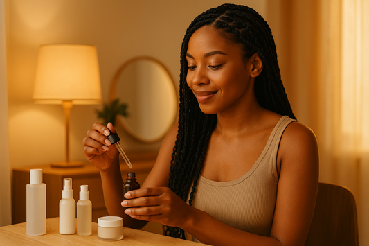 Dunkelhäutige Frau mit schwarzen Boho-Braids und Seitenscheitel sitzt an einem Schminktisch, lächelt und hält ein Serum mit Tropfer; warmes goldenes Licht und moderne Zimmeratmosphäre.