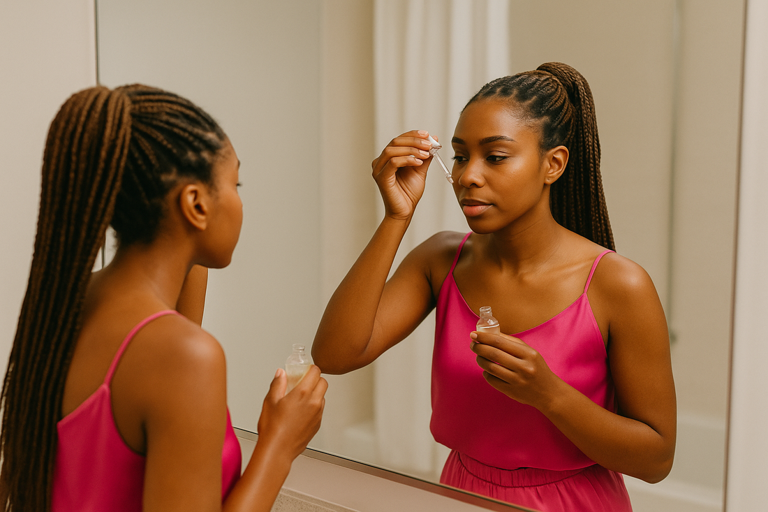 Junge Frau mit langen braunen Braids im Pferdeschwanz trägt vor einem Spiegel ein Serum auf; sie trägt ein pinkes, ärmelloses Seidenoberteil mit passender Hose und steht in einem hellen Badezimmer.
