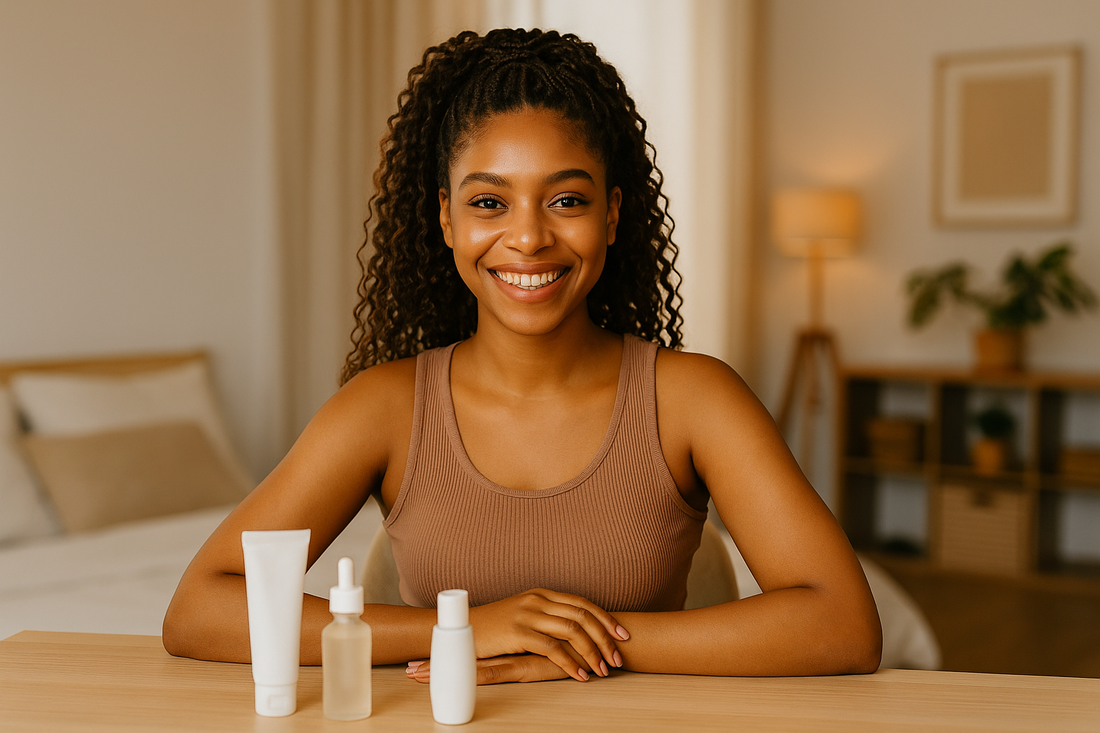 Lächelnde braune Frau mit Pick-and-Drop-Braids im lockigen Pferdeschwanz sitzt in einem modernen Zimmer; vor ihr stehen mehrere Pflegeprodukte auf dem Tisch.