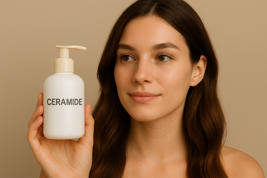 Junge Frau hält eine Ceramide-Flasche vor neutralem beigen Hintergrund und lächelt leicht