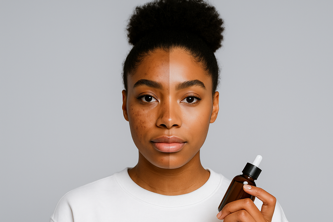 Hübsche Black-Skin-Frau mit Afro-Dutt im Vorher-Nachher-Vergleich: linke Gesichtshälfte mit Melasma und dunklen Flecken, rechte Gesichtshälfte deutlich heller und gleichmäßiger nach chemischem Peeling, neutraler grauer Hintergrund.