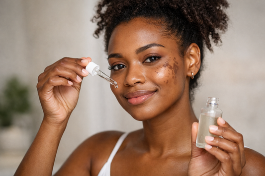 Junge Frau mit dunkler Haut trägt ein Serum gegen Dark Spots und Hyperpigmentierung auf ihr Gesicht auf