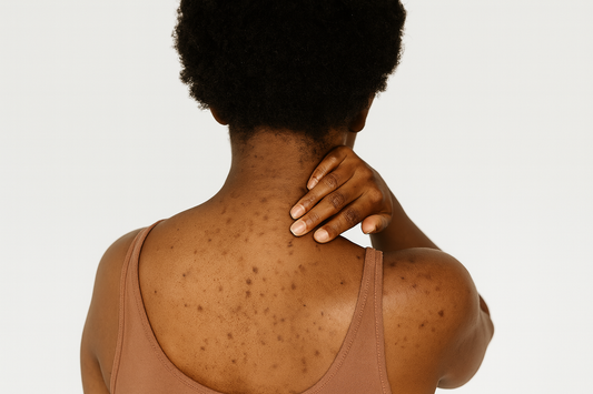 Rückansicht einer dunkelhäutigen Frau mit Afrofrisur, braunem ärmellosem Oberteil und sichtbaren Pigmentflecken am Hals und oberen Rücken; Hand berührt den Nacken, weißer Hintergrund.