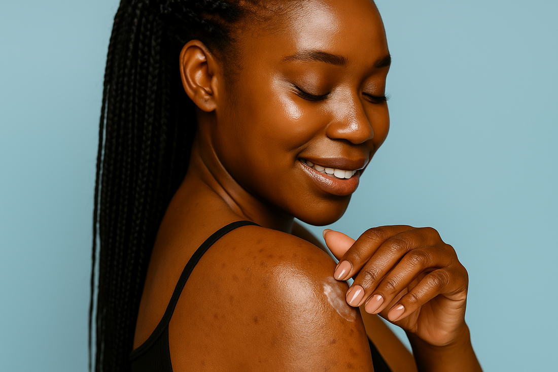 Nahaufnahme der Schulter einer dunkelhäutigen Frau mit Dark Spots und leichten Pigmentflecken, schwarzes ärmelloses Oberteil, Hintergrund in hellem Blau.