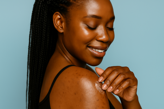 Nahaufnahme der Schulter einer dunkelhäutigen Frau mit Dark Spots und leichten Pigmentflecken, schwarzes ärmelloses Oberteil, Hintergrund in hellem Blau.