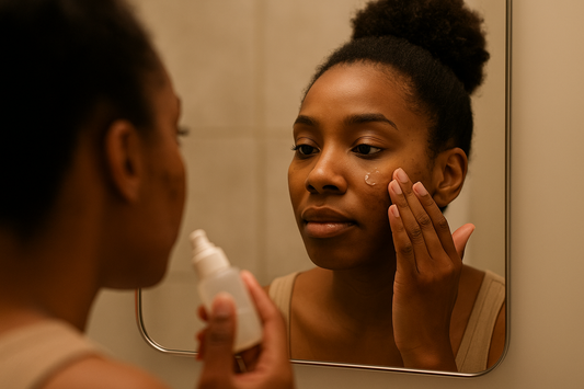 Dunkelhäutige Frau mit Afro-Dutt trägt vor dem Badezimmer-Spiegel ein gelartiges Serum auf ihre Wange auf; warme, sanfte Beleuchtung.