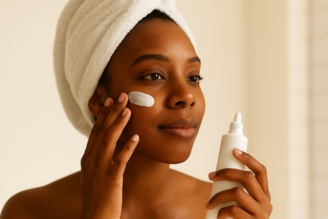 Dunkelhäutige Frau mit weißem Handtuch auf dem Kopf trägt morgens Sonnenschutz auf ihre Wange auf; helles Badezimmerlicht und weicher Hintergrund.