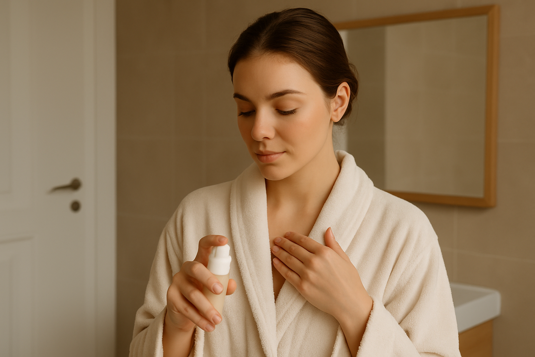 Frau im Bademantel trägt Pflegecreme auf ihr Dekolleté auf, in einem hellen Badezimmer stehend.