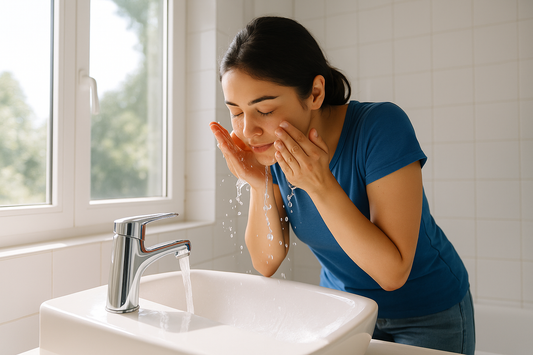 unge Frau mit blauem Shirt wäscht sich im Sonnenlicht das Gesicht am Waschbecken – Symbol für doppelte Gesichtsreinigung, Frische und gesunde Haut.