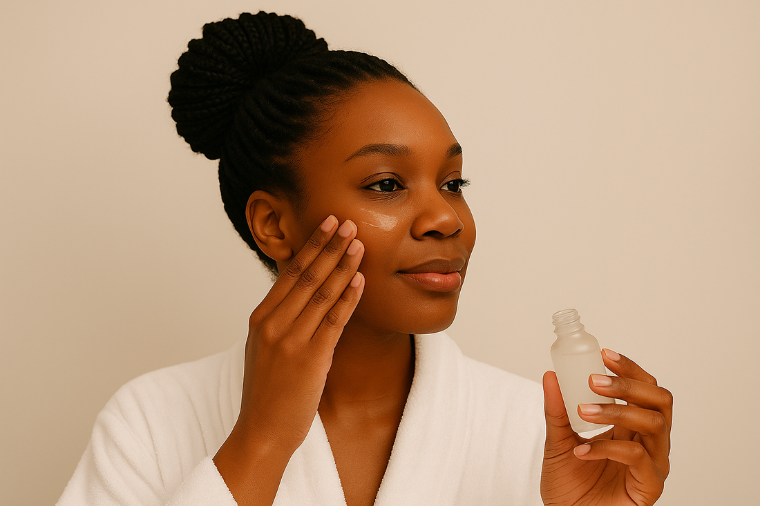 Dunkelhäutige Frau mit vollem Braids-Dutt trägt ein helles Serum auf ihre Wange auf; weißer Bademantel, heller neutraler Hintergrund, ruhige Skincare-Szene im Querformat.