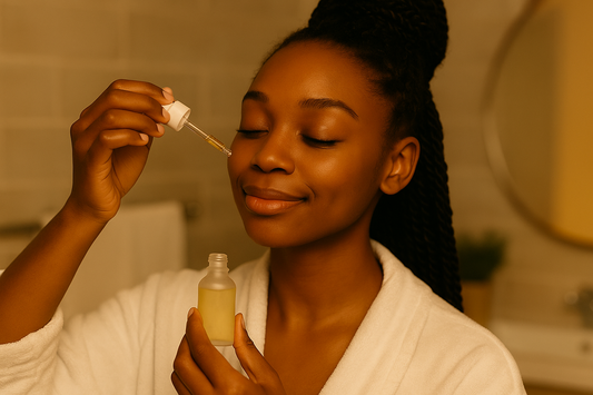 Dunkelhäutige Frau trägt abends ein Serum mit einer Pipette auf ihre Wange auf; warmes Badezimmerlicht, entspannte Stimmung.