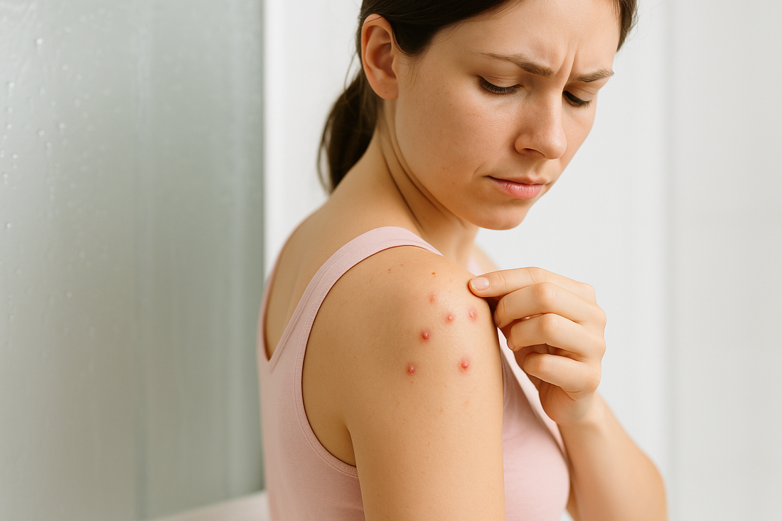 Frau im rosa ärmellosen Oberteil betrachtet Pickel auf ihrer Schulter in einem weißen Badezimmer mit weißen Duschflaschen.