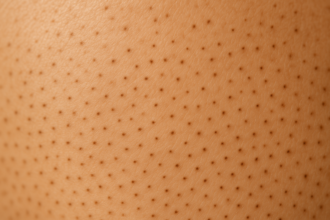 Nahaufnahme von kleinen dunklen Punkten auf der Haut, typisch für Eisenspeicherporen (Strawberry Legs)