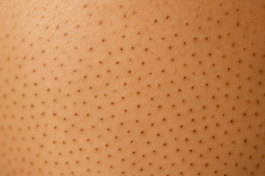 Nahaufnahme von kleinen dunklen Punkten auf der Haut, typisch für Eisenspeicherporen (Strawberry Legs)