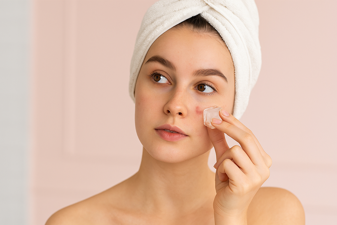 Junge Frau mit Handtuch auf dem Kopf trägt im Badezimmer einen Eiswürfel auf ihr Gesicht auf, um Pickel zu kühlen und Hautunreinheiten zu beruhigen.