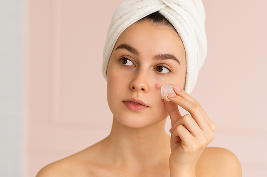 Junge Frau mit Handtuch auf dem Kopf trägt im Badezimmer einen Eiswürfel auf ihr Gesicht auf, um Pickel zu kühlen und Hautunreinheiten zu beruhigen.