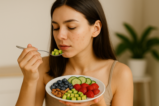 junge Frau isst einen bunten Teller mit Avocado, Beeren, Gurken und Nüssen – gesunde Ernährung für reine Haut