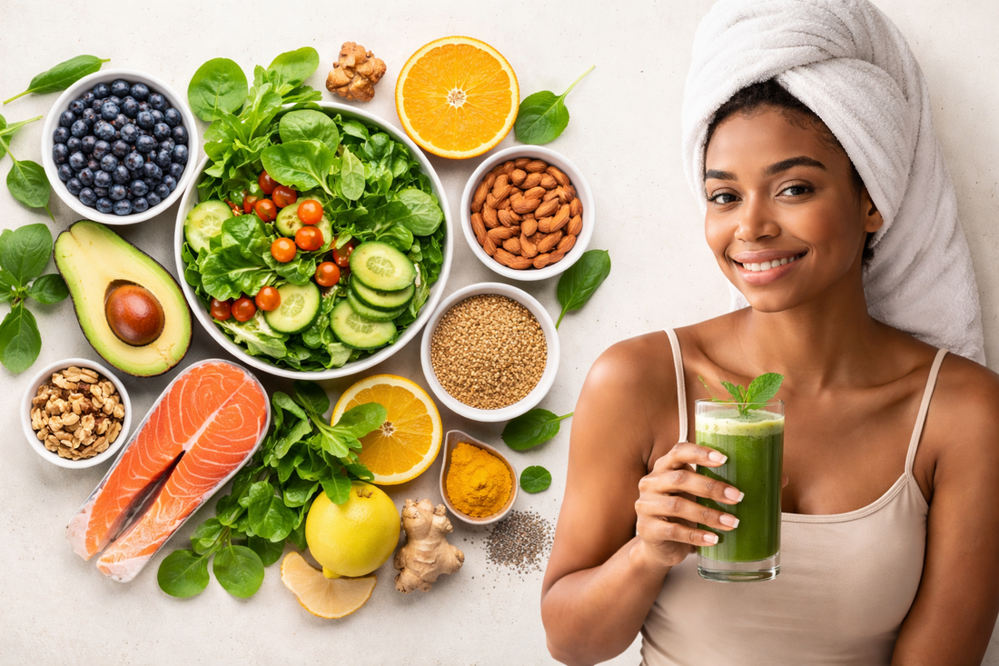 Gesunde Ernährung für reine Haut mit frischen Lebensmitteln wie Gemüse, Nüssen, Fisch und grünem Smoothie
