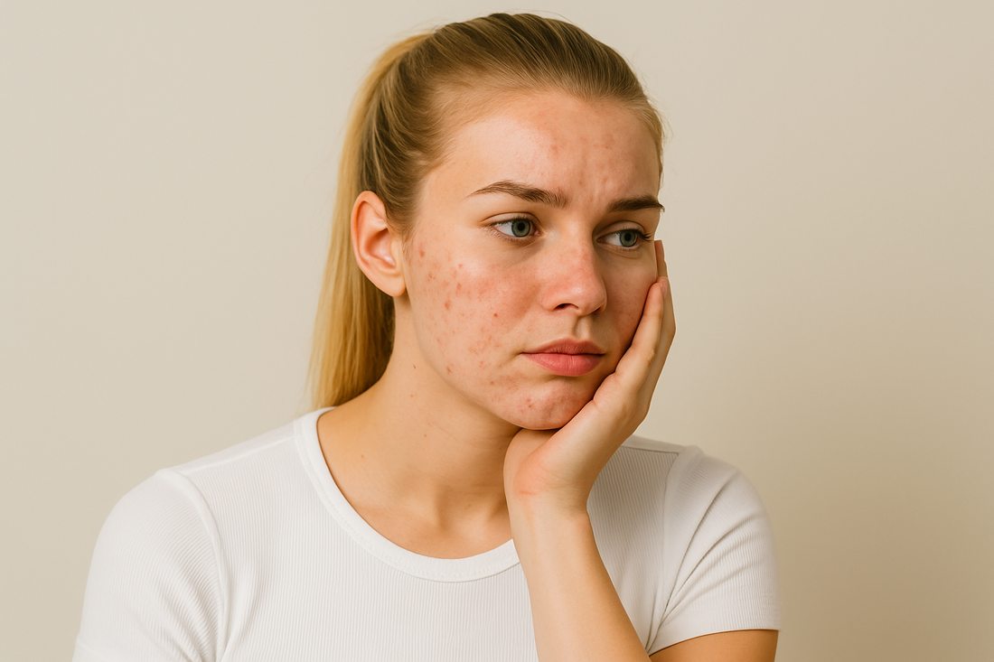 Junge blonde Frau mit Akne im Gesicht, hellem Hintergrund und engem weißen Oberteil, die nachdenklich ihr Gesicht berührt