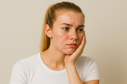Junge blonde Frau mit Akne im Gesicht, hellem Hintergrund und engem weißen Oberteil, die nachdenklich ihr Gesicht berührt