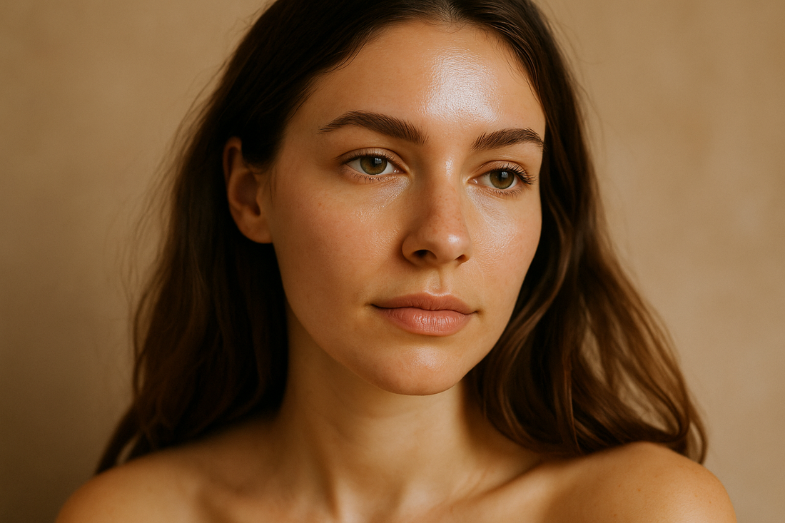 Frau mit leichter öliger T-Zone im natürlichen Licht, Nahaufnahme des Gesichts zur Darstellung von Hauttextur und Glanz.
