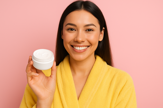 Junge Frau im gelben Bademantel hält eine Feuchtigkeitscreme in der Hand und lächelt vor rosa Hintergrund – Symbol für Hautpflege und Feuchtigkeit.