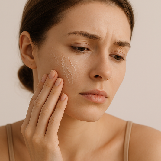 Junge Frau mit trockener, schuppiger Hautstelle auf der Wange, die besorgt ihr Gesicht berührt – Symbolbild für Feuchtigkeitsmangel der Haut.