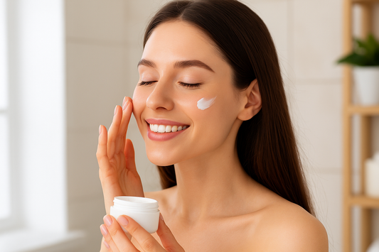  Frau mit reiner, strahlender Haut trägt sanft Feuchtigkeitscreme im Gesicht auf – Symbol für gesunde Hautpflege und ausreichende Feuchtigkeitsversorgung nach der Reinigung.
