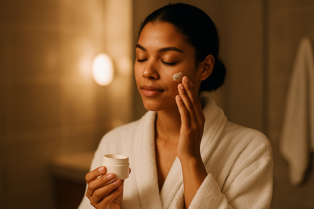 Frau trägt abends im Badezimmer sanft ihre Hautpflegecreme auf das Gesicht auf.