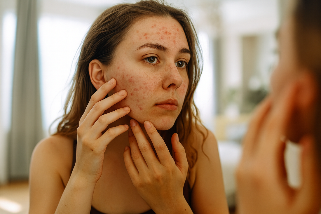 junge Frau mit Akne betrachtet ihr Gesicht im Spiegel und untersucht Hautunreinheiten