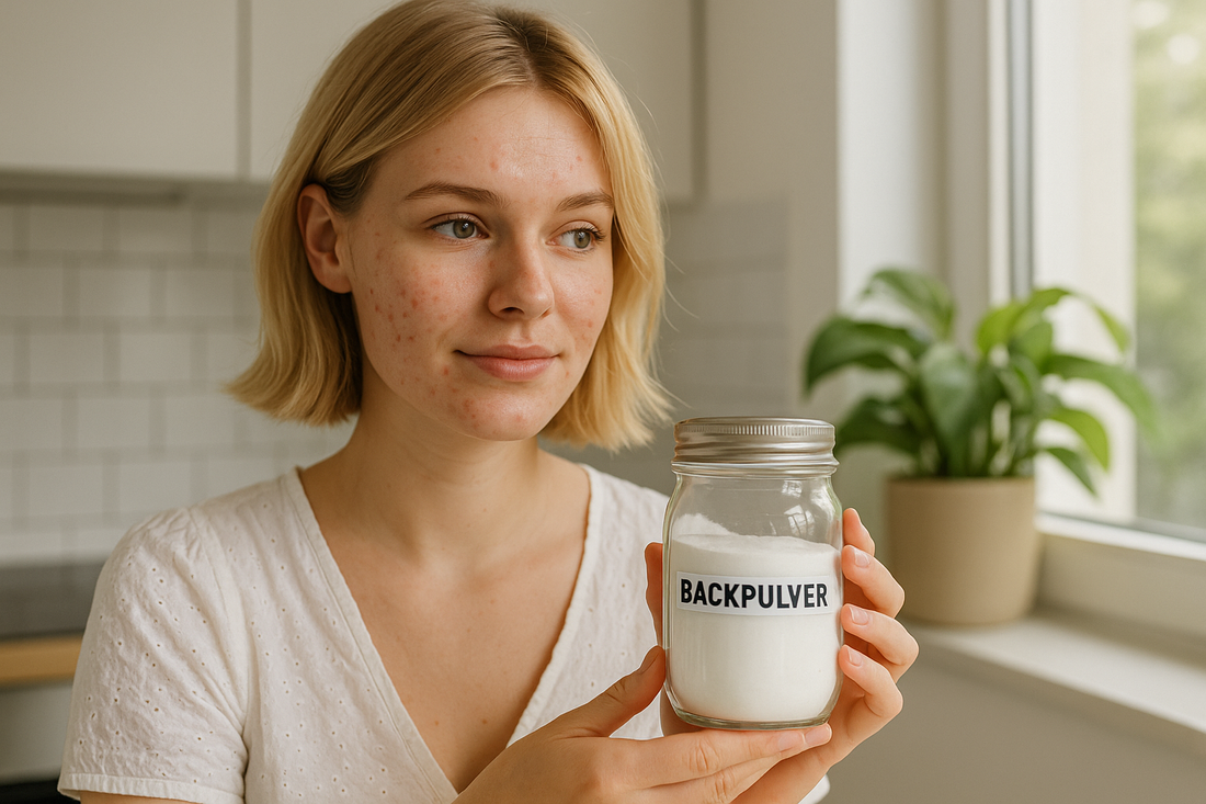 Junge Frau mit kurzen blonden Haaren, die an unreiner Haut leidet, trägt eine weiße Sommerbluse und hält ein Glas mit Backpulver in der Küche, im Hintergrund eine grüne Pflanze auf der Fensterbank.