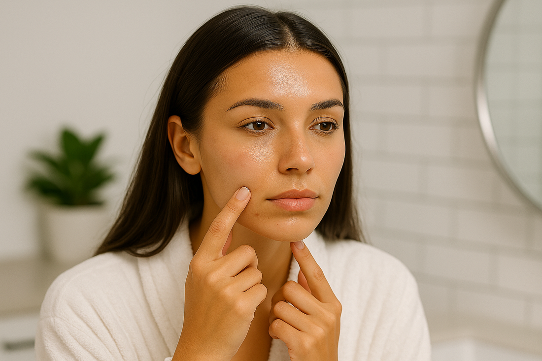 Junge Frau im Badezimmer mit leicht glänzender T-Zone und normalen, ausgeglichenen Wangen als Symbolbild für Mischhaut