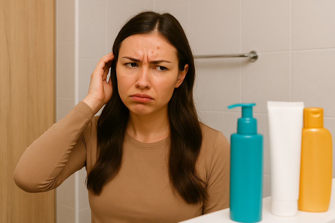 Frau steht im Badezimmer, fasst sich an die Haare und blickt genervt auf drei Pickel auf ihrer Stirn; Haarprodukte stehen auf der Ablage