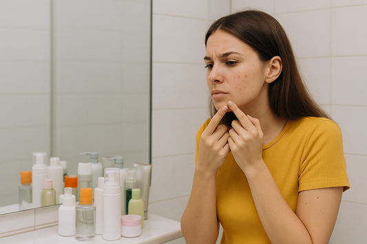 Junge Frau mit gelbem Oberteil steht im Badezimmer vor dem Spiegel, betrachtet kritisch drei bis vier Pickel auf ihrer Wange, helles Umfeld und viele Pflegeprodukte im Hintergrund.