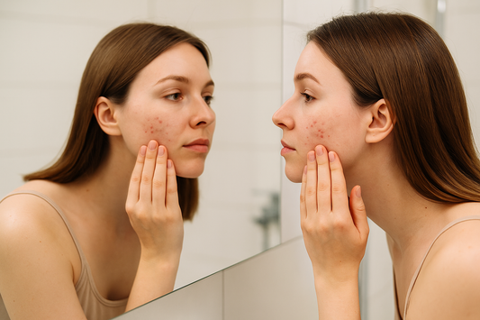 Junge Frau steht in einem hellen Badezimmer seitlich vor dem Spiegel und betrachtet ihre Pickel an der Wange, während sie mit der Hand sanft ihre Haut berührt.